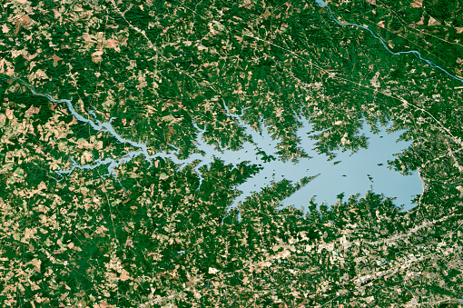 3D Render of a Topographic Map of Lake Murray, South Carolina.\nAll source data is in the public domain.\nTexture and water: Contains modified Copernicus Sentinel data (Oct 2022) courtesy of ESA. URL of source image: https://scihub.copernicus.eu/dhus/#/home.\nRelief texture: 3DEP data courtesy of USGS, The National Map. URL of source image: \nhttps://apps.nationalmap.gov/downloader/