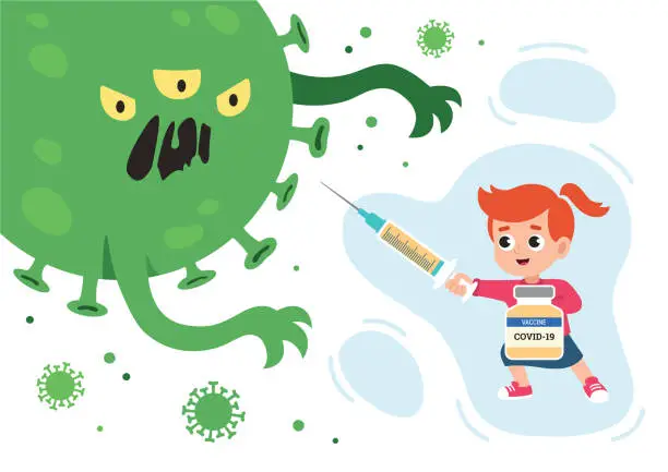 Vector illustration of Vaccinated girl with syringe as sword and bottle of vaccine as shield is fighting with coronavirus monster.