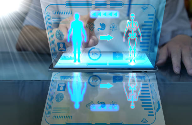 doctor with stethoscope use technology computer for aging health care by x ray skeleton boy and reverse body age stock photo
