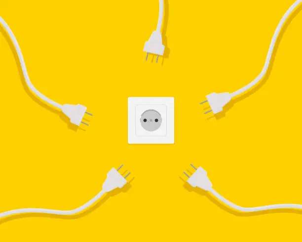 Vector illustration of electrical socket and many white plugs