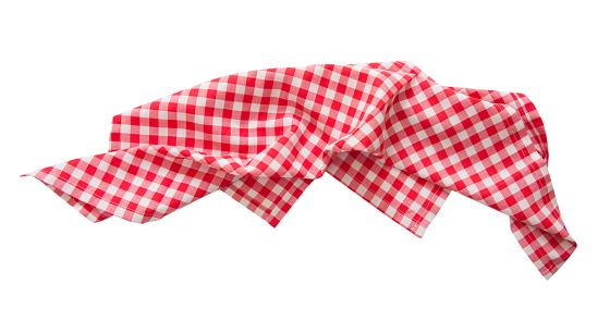 Red checkered towel isolated,kitchen checked picnic red cloth. Food decoration.