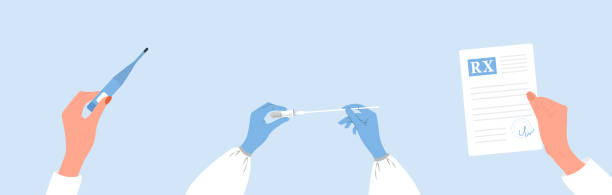 istock Medical examination concept. Hands holding thermometer, tube with sample, prescription. Laboratory analysis of biomaterial. Healthcare and treatment concept. Vector illustration in flat cartoon style 1446911299