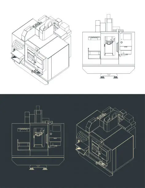 Vector illustration of Automatic CNC milling machine blueprints