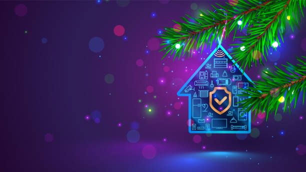 Smart home in shape christmas tree decoration with icons domestic electronic smart devices. Online sale of IOT and Smart Home system in christmas and new year. Safety of household in holiday. vector art illustration