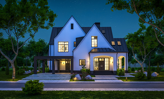 3d rendering of cute cozy white and black modern Tudor style house with parking  and pool for sale or rent with beautiful landscaping. Fairy roofs. Clear summer night with many stars on the sky.