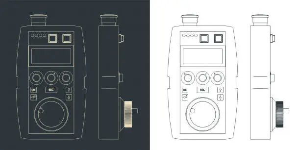 Vector illustration of Hand remote control for CNC machine blueprints