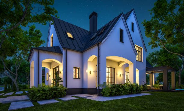 istock 3d rendering of white and black modern Tudor house in night 1446912072