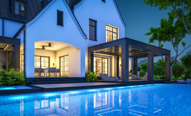 istock 3d rendering of white and black modern Tudor house in night 1446912078