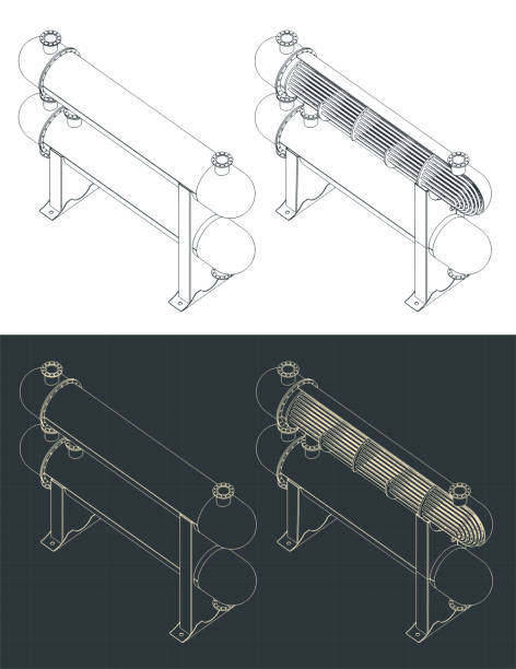 struktura płaszczowo-rurowego wymiennika ciepła izometryczne - heat exchanger stock illustrations