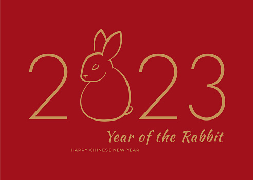 Greeting for the Chinese New Year of the Rabbit 2023 with art rabbit on red background. stock illustration