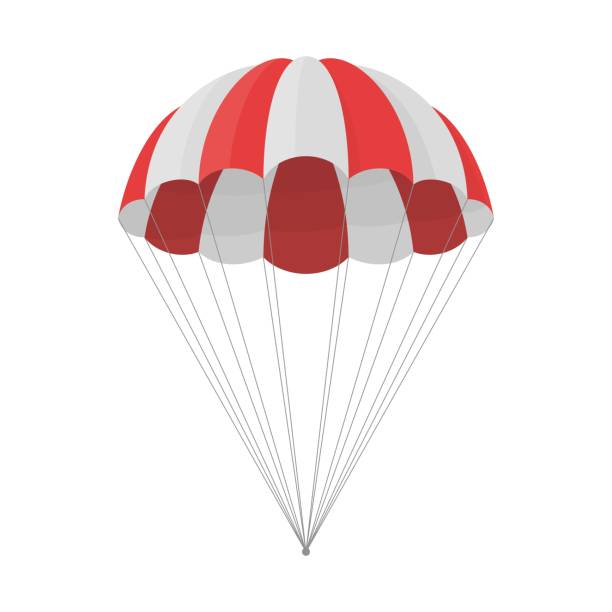 Parachute for launching cargo isolated on white background. Free descent and flight in space delivery gifts and goods with sudden pleasant surprise help. Vector illustration Parachute for launching cargo isolated on white background. Free descent and flight in space delivery gifts and goods with sudden pleasant surprise help. Vector illustration. jump jet stock illustrations