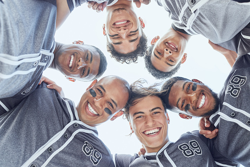 Sport, baseball and team huddle portrait for game mental preparation together with cheerful smile. Teamwork, competition and baseball player men at athlete match excited, happy and ready.