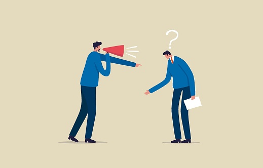 Manager Power or Authority. Businessman or Boss communicating work to Employee via megaphone. illustration