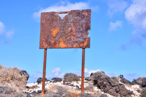 Spanish View Landscape rusty sign in Tropical Volcanic Canary Islands Spain