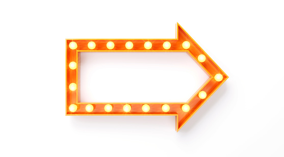 Light bulbs forming an orange arrow frame on white background. Horizontal composition with clipping path and copy space.