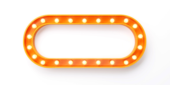 Light bulbs forming an orange rectangular frame on white background. Horizontal composition with clipping path and copy space.