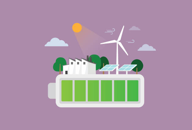 ilustraciones, imágenes clip art, dibujos animados e iconos de stock de baterías de energía renovable - energía renovable