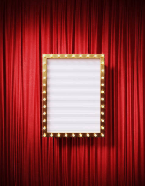 Retro billboard / signboard with glowing light bulbs on red curtain background with shadow. Vertical composition. 3D rendering.