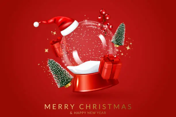 Vector illustration of Christmas and New Year greeting card with transparent snow globe, trees, gifts, berries and santa hat.