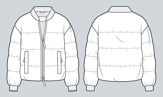 Faux Fur Bomber Jacket technical fashion Illustration. Teddy fur Coat technical drawing template, quilted, zip-up, pockets, front and back view, white, women, men, unisex CAD mockup set.
