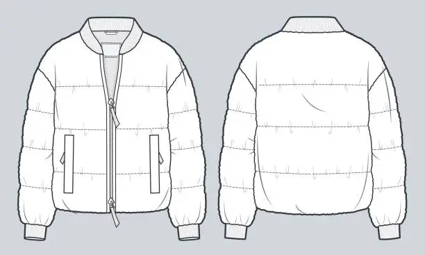 Vector illustration of Faux Fur Bomber Jacket technical fashion Illustration. Teddy fur Coat technical drawing template, quilted, zip-up, pockets, front and back view, white, women, men, unisex CAD mockup set.