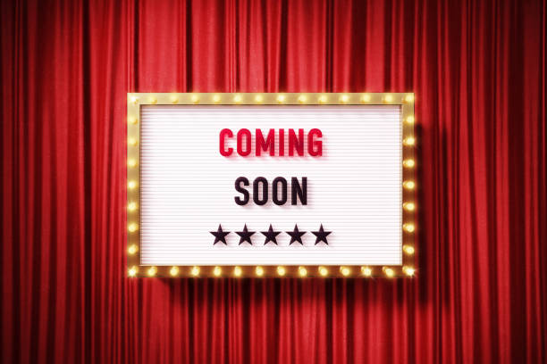 Coming soon written retro billboard with glowing light bulbs on red curtain background with shadow. Horizontal composition. 3D rendering.