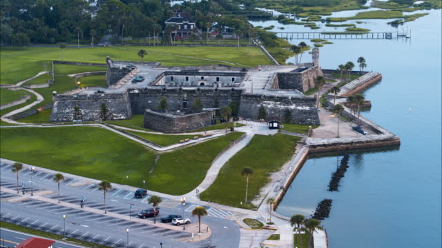 Castillo de San Marcos National Monument - the historic ancient Spanish fortress, the major tourist attraction and landmark in Saint Augustine, Florida. Aerial video with the slow panning camera motion.