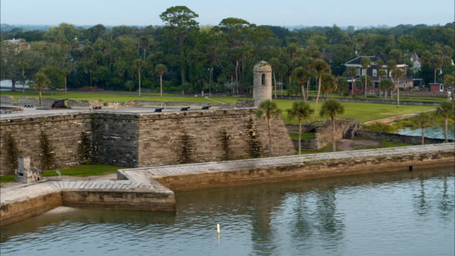 Castillo de San Marcos National Monument - the historic ancient Spanish fortress, the major tourist attraction and landmark in Saint Augustine, Florida. Aerial video with the panning camera motion.