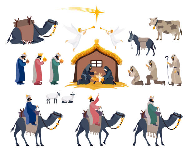 Nativity Scene Set. Set of Nativity Scene Characters. cute-camel-clip-art stock illustrations
