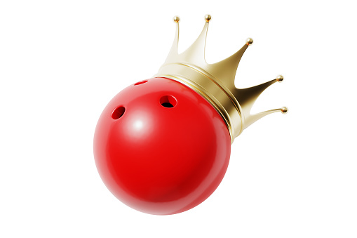 Crowned red bowling ball on white background. Horizontal composition with clipping path and copy space.