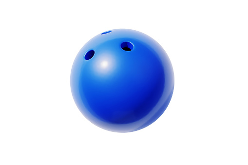 Blue bowling ball on white background. Horizontal composition with clipping path and copy space.