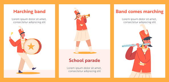 School Parade Cartoon Banners. Kids Band In Red Uniform Marching with Instruments. Happy Girls And Boys Play Festival Music With Drum, Brass Horn, Flute and Tuba, Children March. Vector Posters