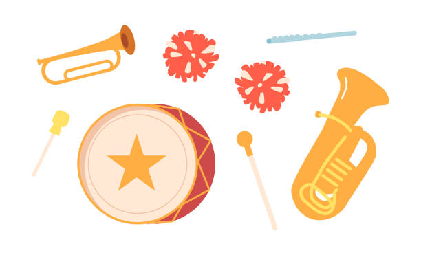 ilustrações, clipart, desenhos animados e ícones de conjunto de instrumentos musicais para orquestra. trompa, tuba, tambor e flauta com pompons e bastão condutor isolados no branco - bugle trumpet jazz music