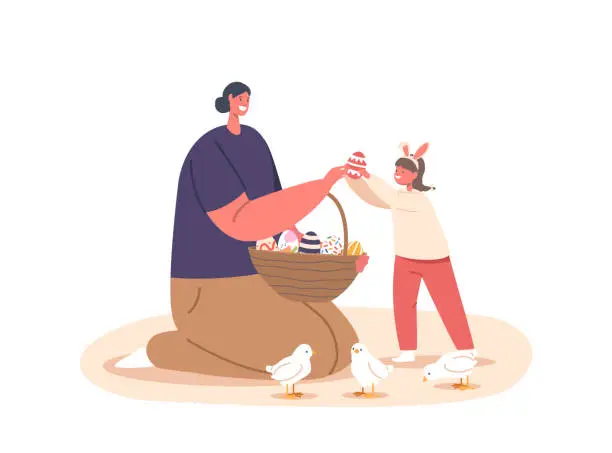 Vector illustration of Happy Family Celebrate Easter. Mother with Basket Full of Painted Eggs Giving One to Child Girl Wear Rabbit Ears