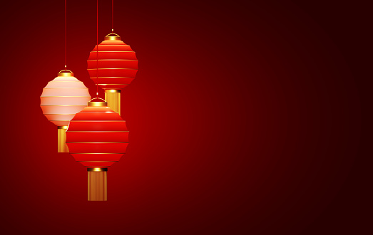 Chinese lanterns on red background. Chinese Lunar Year concept. Horizontal composition with copy space.