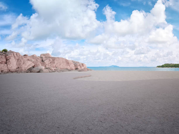 3d rendering of outdoor stage with beach and blue sky background.