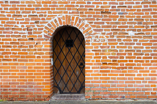 Wooden arched door with a metal grating in an old brick wall.