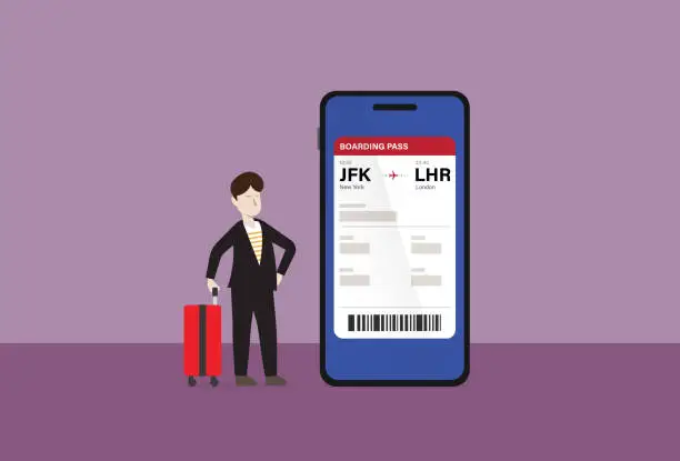 Vector illustration of Businessman uses online boarding pass