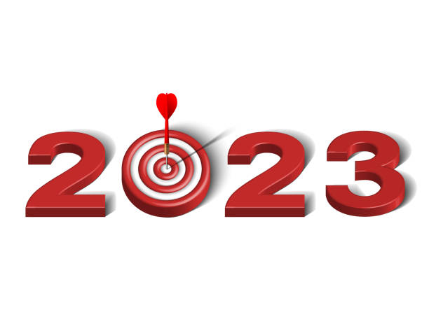 istock Red dart hit to center of dartboard between number. New Year 3d target and goals with symbol of 2023. Business success, investment goal, financial strategy, purpose achievement vector concept. 1446926021