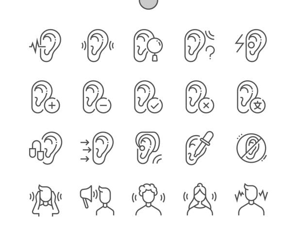 청각. 귀와 보청기. 듣지 마십시오. 청각 검색. 픽셀 완벽한 벡터 얇은 선 아이콘입니다. 간단한 최소 픽토그램 - audible stock illustrations