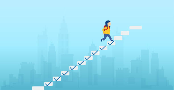 Vector of a girl student climbing up the ladder, steps with check marks to achieve the goal. Progression from start to success in education. Vector of a girl student climbing up the ladder, steps with check marks to achieve the goal. girl climbing ladder stock illustrations