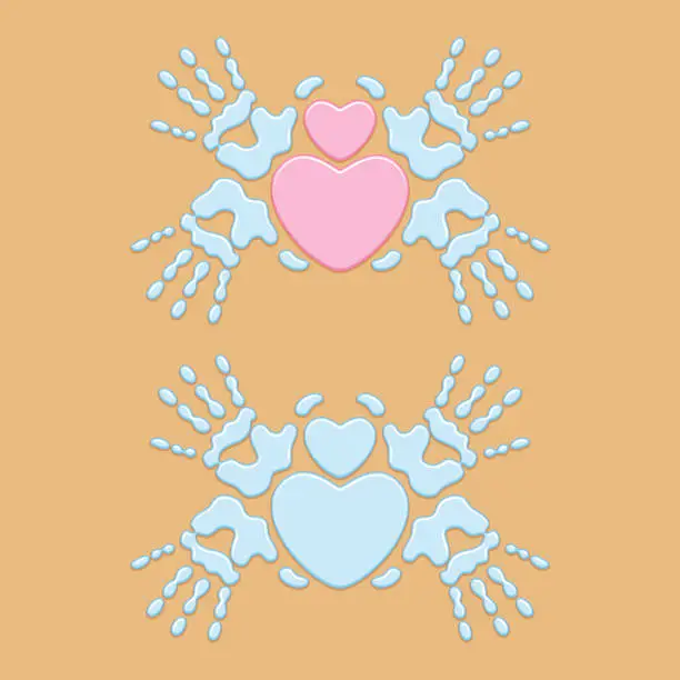 Vector illustration of Heart symbol between palm prints, handprint, heart in hands of the water on sand.