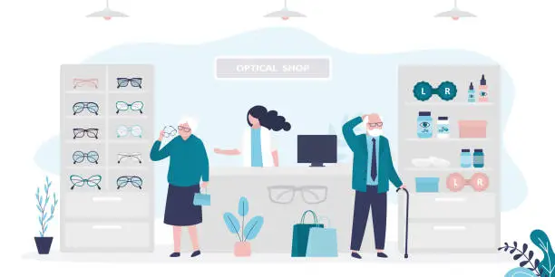 Vector illustration of Elderly people chooses eyeglasses. Aged consumer select contact lenses for purchase. Optometrist helping old client. Shop assistant woman behind the counter. Fashion optics store.