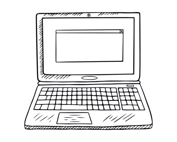 Vector illustration of Illustration of laptop computer. Hand drawn doodle sketch style. Front view. Isolated on white background. Vector