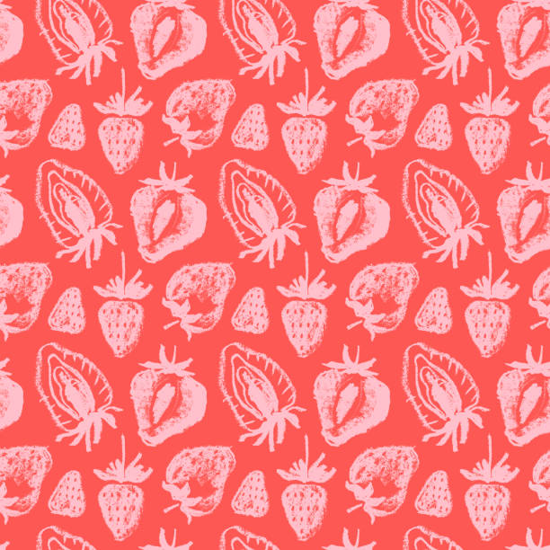Strawberry pattern seamless, strawberries illustration for fabric ornament and textile design. Hand-drawn vector red berry. Juice or jam label design. Ripe berries background. Strawberry backdrop. ice-cream-pack stock illustrations