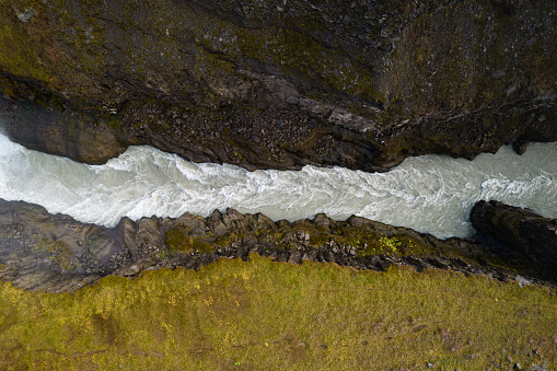 View from drone to river near Godafoss Waterfall