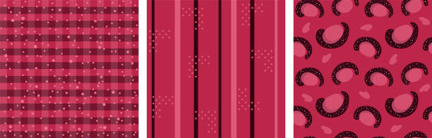 набор векторных бесшовных узоров с полосами, горошек, клетчатым, квадратным, леопардовым, линиями розово-красного цвета на фоне viva magenta. мод� - viva magenta stock illustrations