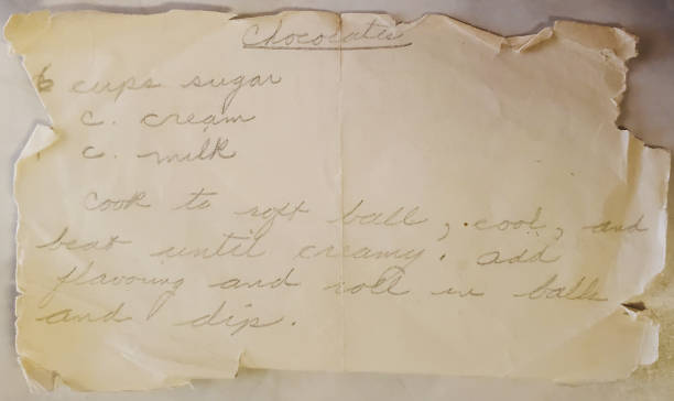 istock Stained and torn handwritten recipe for hand dipped chocolates. 1446936867