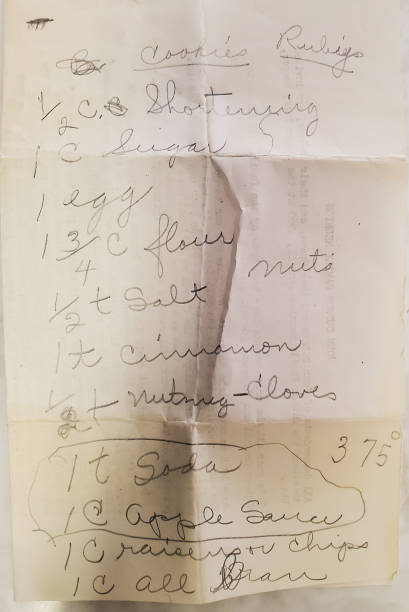 istock Folded and discolored old handwritten recipe for cookies. 1446936870
