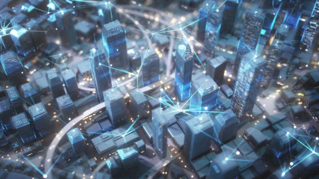 Cityscape With Glowing Connection Lines, Abstract Depiction Of Traffic - Sharing Data, Internet Of Things, Futuristic Architecture, Driverless Transport